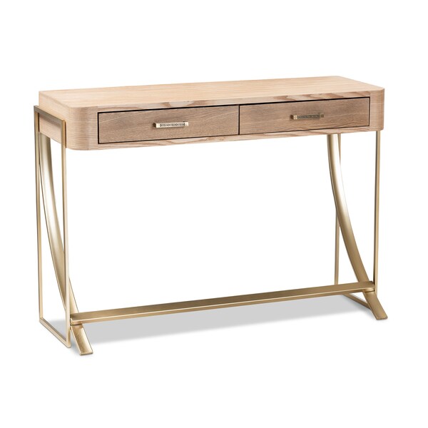 Baxton Studio Lafoy Natural Finished Wood and Gold Finished 2-Drawer Console Table - 153-9202