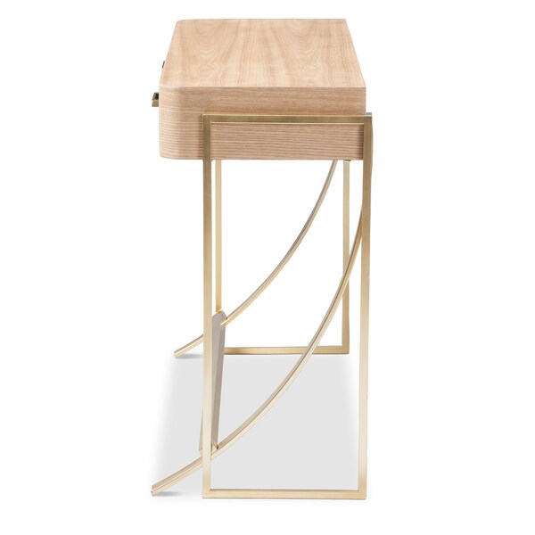 Baxton Studio Lafoy Natural Finished Wood and Gold Finished 2-Drawer Console Table - 153-9202