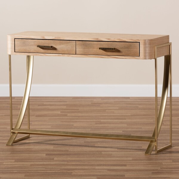 Baxton Studio Lafoy Natural Finished Wood and Gold Finished 2-Drawer Console Table - 153-9202