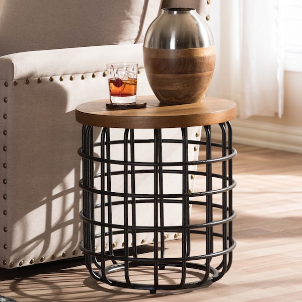 Baxton Studio Carie Black Finished Metal Distressed Wood Accent Table - 132-7212