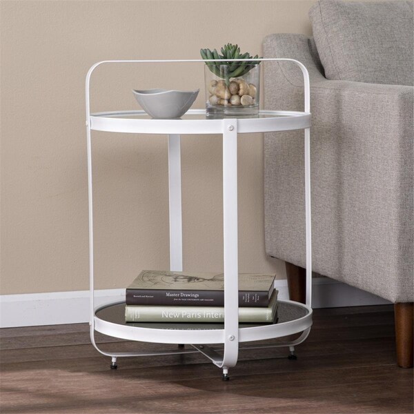 Homeroots 27 in. Glass & Iron Round End Table with Shelf White - 402462