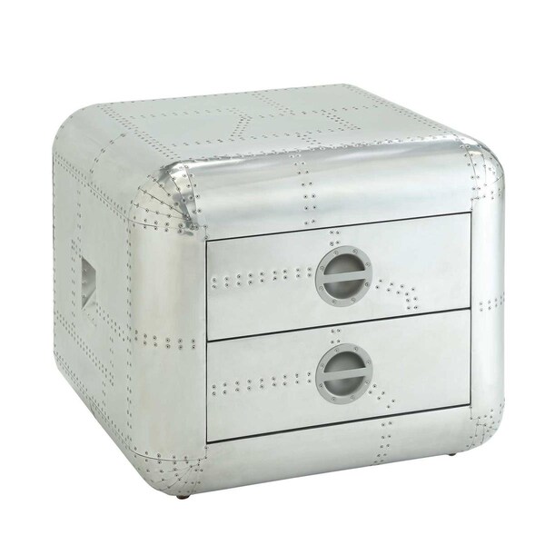 Gfancy Fixtures 22 in. Aluminum Aviator Trunk Style Square End Table with Two Drawers, Silver - GF3666983