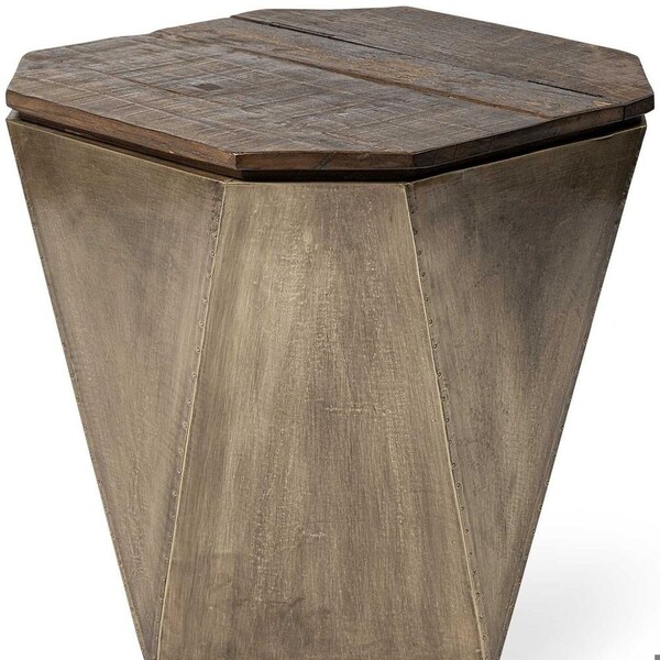 Homeroots Brass & Natural Wood Side Table with Hexagonal Hinged-Top - 380674