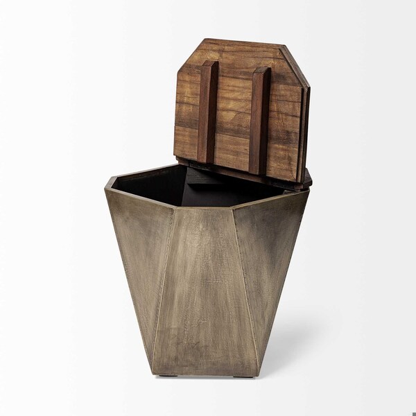 Homeroots Brass & Natural Wood Side Table with Hexagonal Hinged-Top - 380674