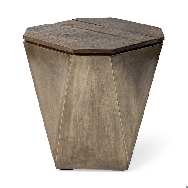 Homeroots Brass & Natural Wood Side Table with Hexagonal Hinged-Top - 380674