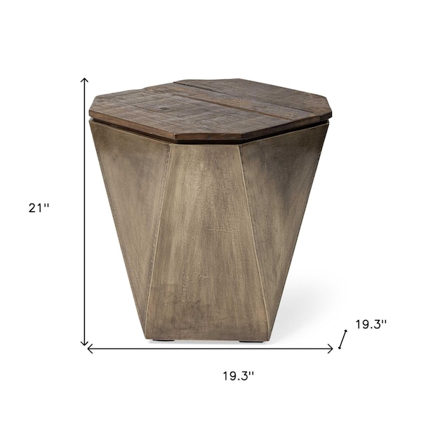 Homeroots Brass & Natural Wood Side Table with Hexagonal Hinged-Top - 380674