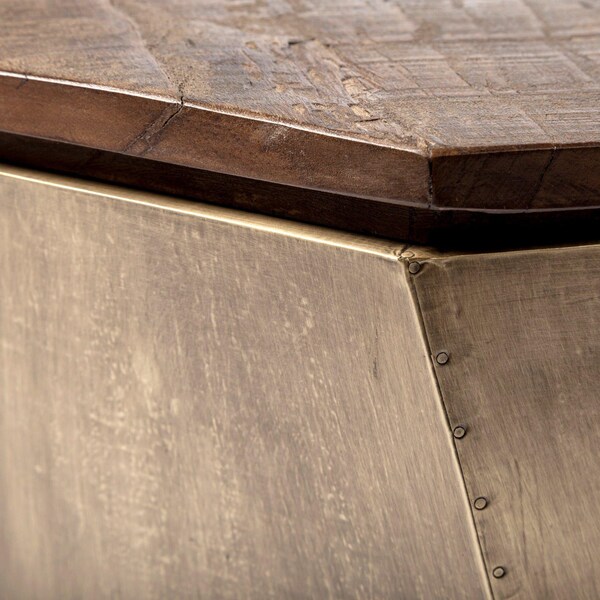 Homeroots Brass & Natural Wood Side Table with Hexagonal Hinged-Top - 380674
