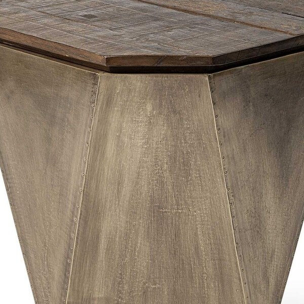 Homeroots Brass & Natural Wood Side Table with Hexagonal Hinged-Top - 380674