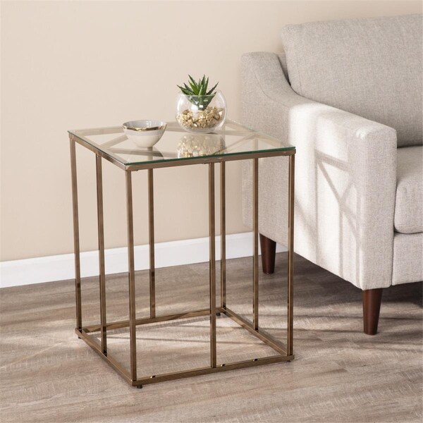 Homeroots 24 in. Glass & Iron Square End Table Champagne - 402449