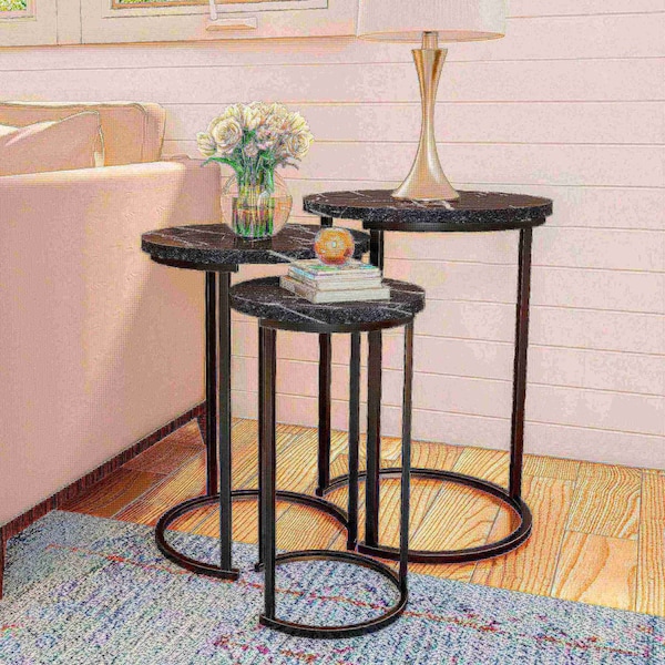 Hastings Home Set of 3 Round Nesting Tables, Black - 319744BUV