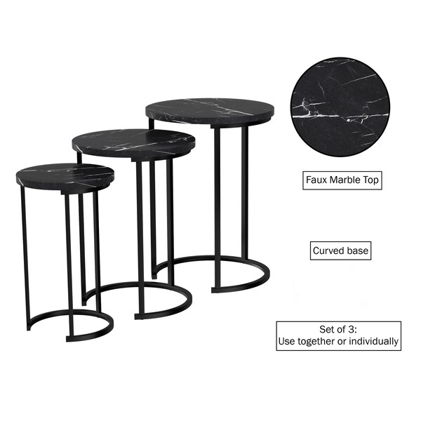 Hastings Home Set of 3 Round Nesting Tables, Black - 319744BUV