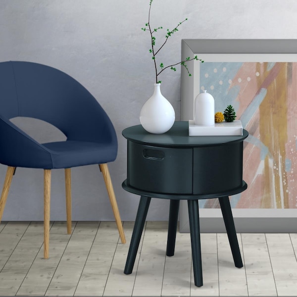 East West Furniture Gordon Round Night Stand End Table with Drawer - Navy Blue - GONE15