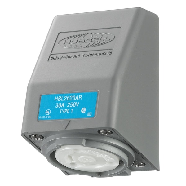 Receptáculo de bloqueo de ángulo de 30A Hubbell 2P 3W 250VAC L6-30R GY - HBL2620AR.