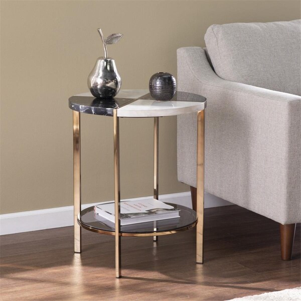 Homeroots 24 in. Manufactured Wood & Iron Round End Table with Two Shelves Black - 402466