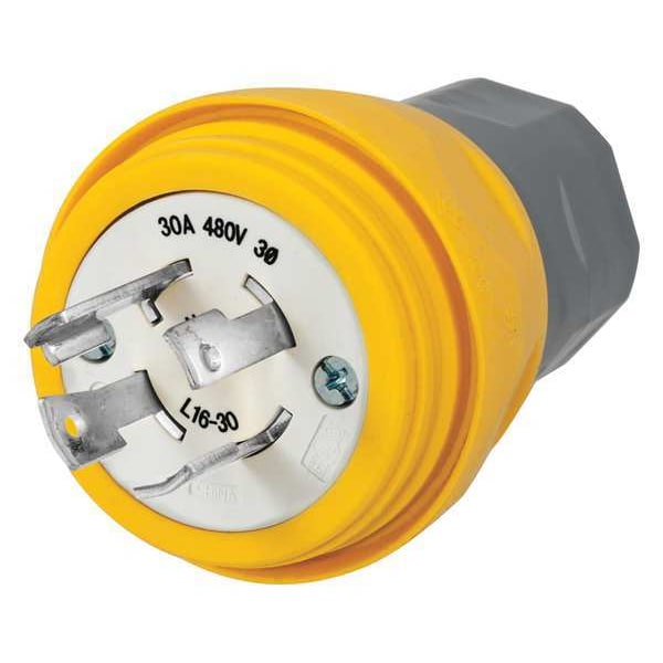 Enchufe bloqueable y a prueba de agua Hubbell, NEMA L16-30P, 30 A, 480V AC, 3 polos, 4 hojas, amarillo - HBL28W76