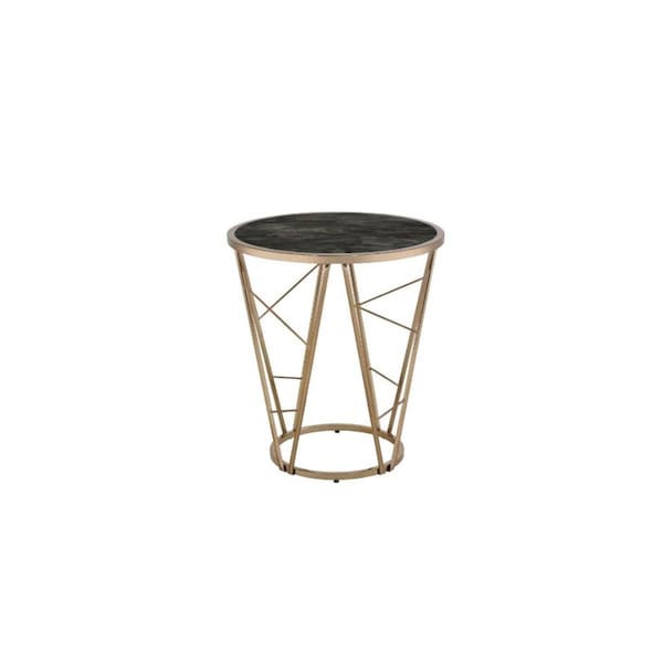 Homeroots 24 in. Faux Marble Glass & Metal Round End Table Champagne & Black - 486365