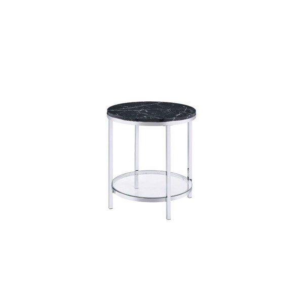Homeroots 25 in. Faux Marble & Metal Round End Table with Shelf Chrome & Black - 486358