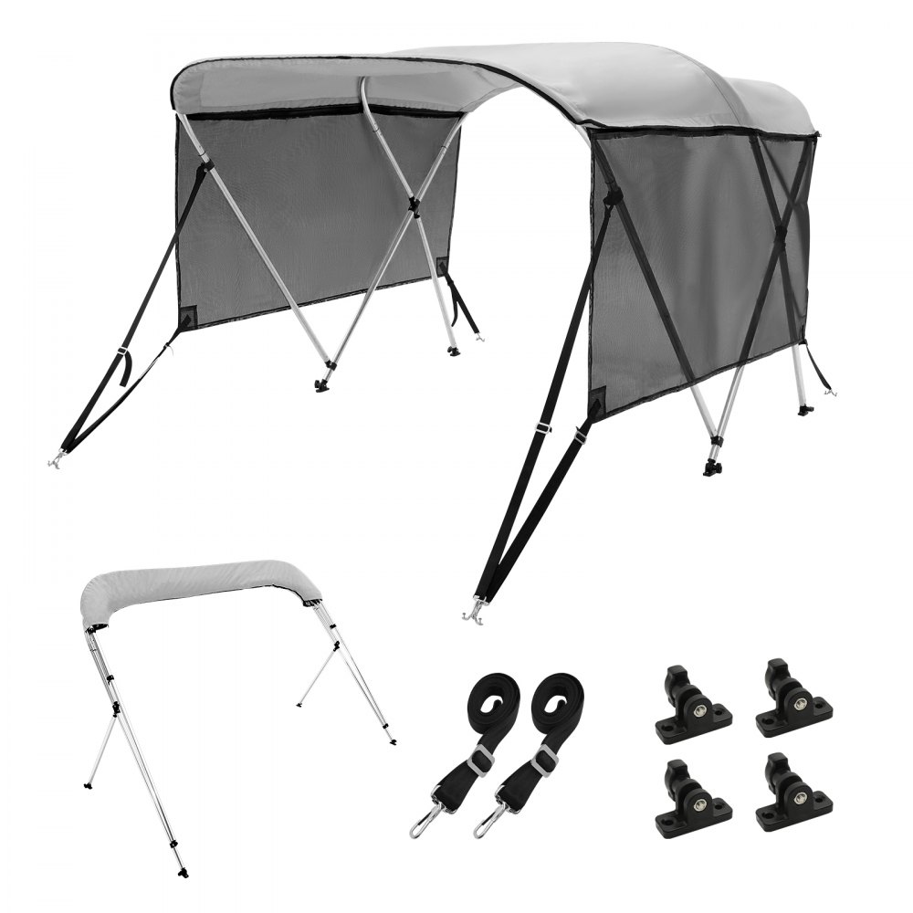 VEVOR 3 Bow Bimini Top Boat Cover, Detachable Mesh Sidewalls, 600D Polyester Canopy with 1" Aluminum Alloy Frame, Includes Storage Boot, 2 Support Poles, 2 Straps, 6'L x 46"H x 61"-66"W, Light Grey - 3GCYZYPDCL6LWU111V0