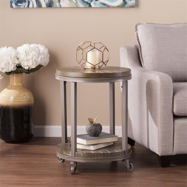 Homeroots 24 in. Manufactured Wood & Iron Round End Table with Shelf Brown - 402444