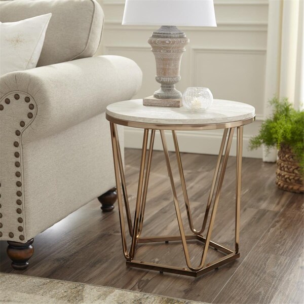 Homeroots 23 in. Manufactured Wood & Iron Round End Table Champagne - 402486