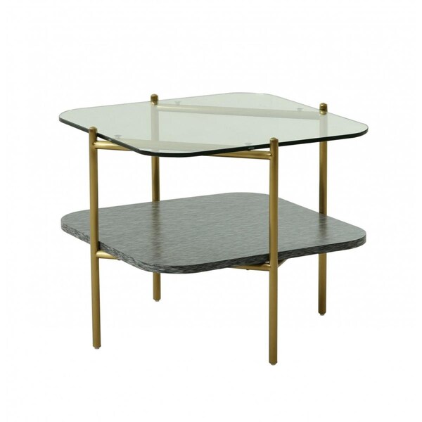 Homeroots 20 in. Glass & Metal Square End Table with Shelf Gold & Clear - 487355