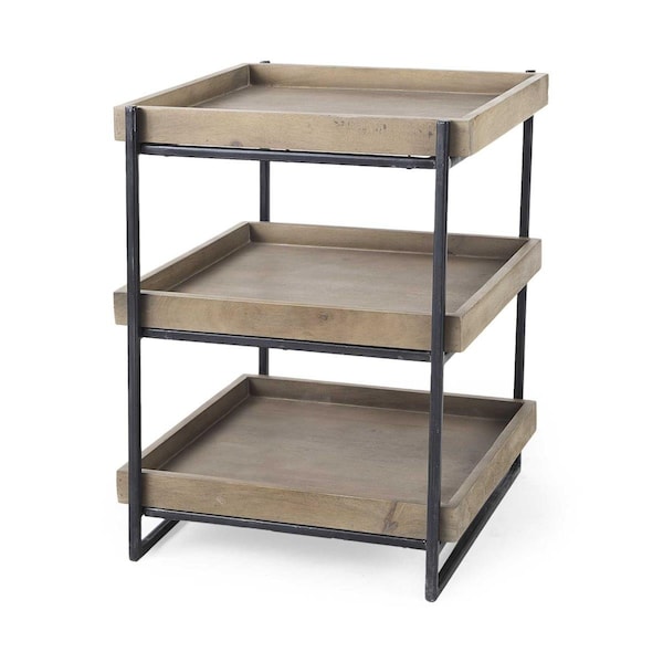 Homeroots Medium Brown Wooden Square Top Side Table with Three-Tiered Black Iron Frame - 380659