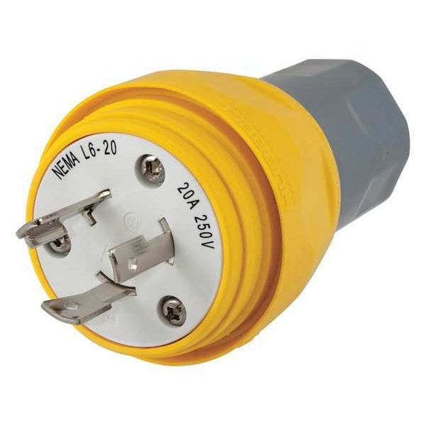 Tapón de bloqueo impermeable Hubbell de 20A de 2 polos y 3 cables a 250VAC L6-20P YL - HBL26W48.