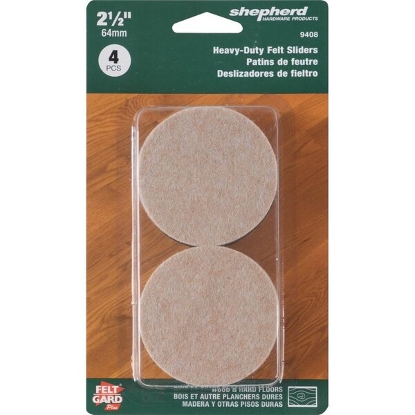 Shepherd Hardware Slider Pad, Felt Cloth, Beige, 2-1/2 in Dia, 1/2 in Thick, Round - 9408