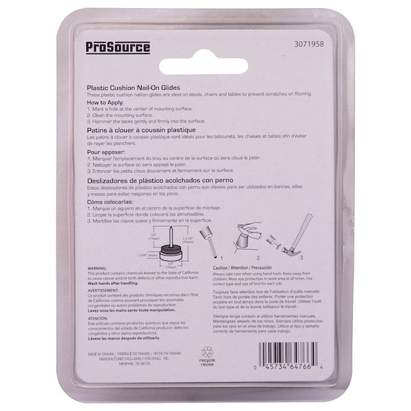 Prosource Furniture Glide, Plastic, White, White, 3/4 x 3/4 x 1-3/16 in Dimensions - FE-50311-PS