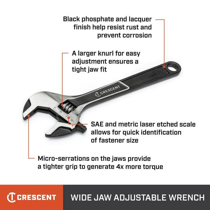 Llave ajustable Crescent de 8 pulgadas con mandíbula ancha y recubrimiento de óxido negro - ATWJ28VS