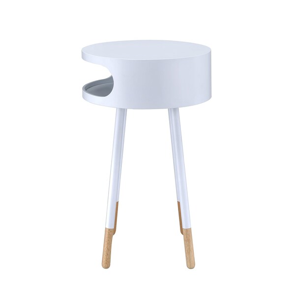 Acme Round Wooden End Table with 1 Compartment in White and Natural - ER-0180WH