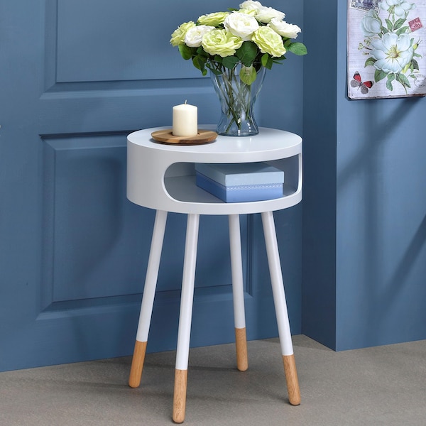 Acme Round Wooden End Table with 1 Compartment in White and Natural - ER-0180WH