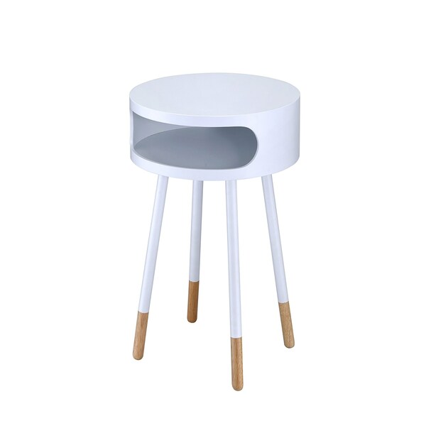 Acme Round Wooden End Table with 1 Compartment in White and Natural - ER-0180WH