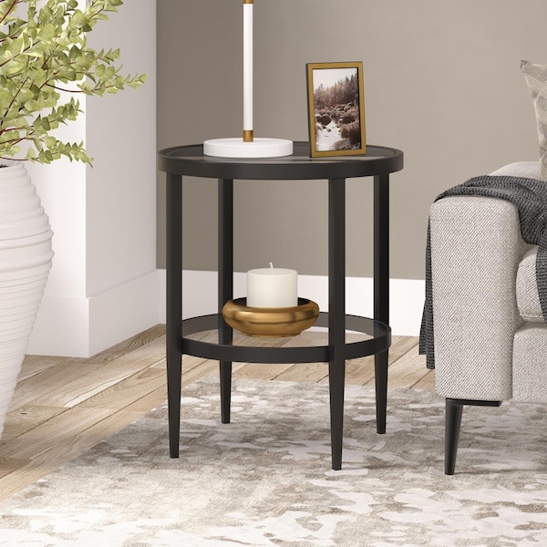 Hudson & Canal 19.63 in. Hera Round Side Table with Clear Glass Shelf Blackened Bronze - ST1626