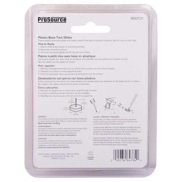 Prosource Furniture Glide, Plastic, White, White, 7/8 x 7/8 x 15/16 in Dimensions - FE-S514-PS