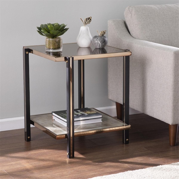 Homeroots 24 in. Glass & Iron Square Mirrored End Table with Shelf Champagne - 402492