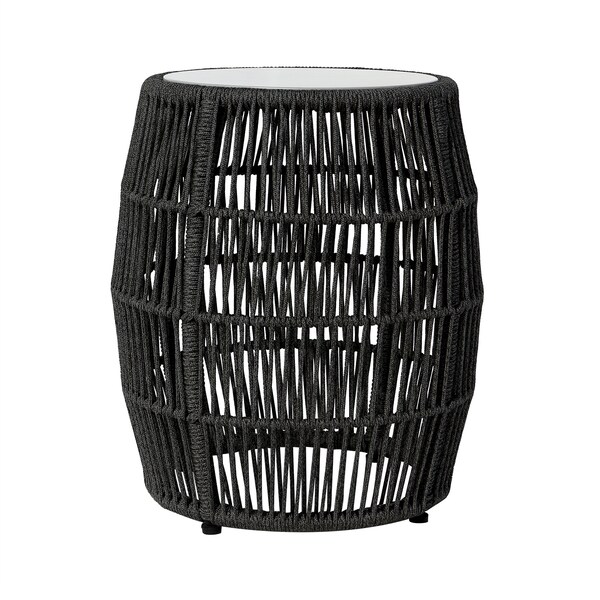 Armen Living Emory Indoor Outdoor Garden Stool End Table in Charcoal Rope and Gray Stone - 840254336001