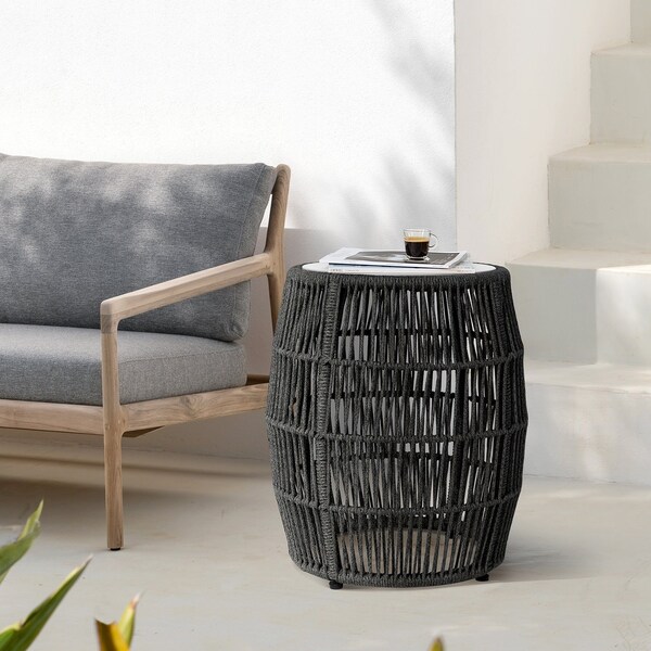 Armen Living Emory Indoor Outdoor Garden Stool End Table in Charcoal Rope and Gray Stone - 840254336001