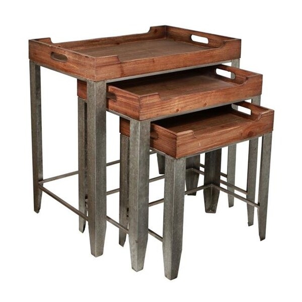 Cheungs Cheungs 4978-3 Wood Top Nesting table with Side Handles & Galvanized Metal Base - Set of 3 - 4978-3