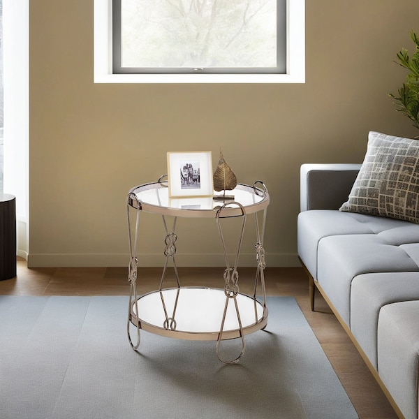 Acme Round Mirrored Top End Table with Metal Tube in Mirrored and Gold - ER-0274GD