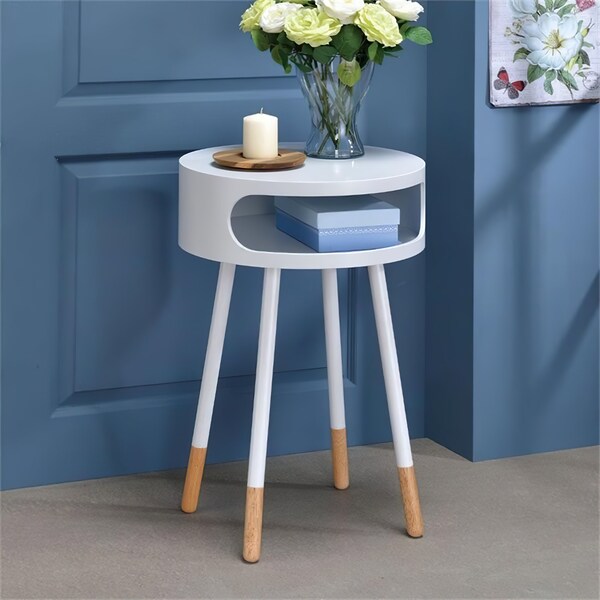 Acme Round Wooden End Table with 1 Compartment in White and Natural - ER-0241WH