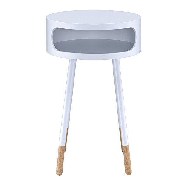 Acme Round Wooden End Table with 1 Compartment in White and Natural - ER-0241WH