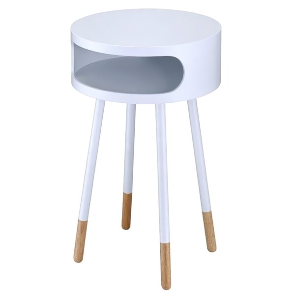 Acme Round Wooden End Table with 1 Compartment in White and Natural - ER-0241WH