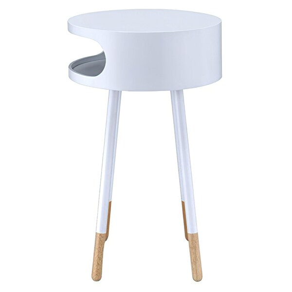 Acme Round Wooden End Table with 1 Compartment in White and Natural - ER-0241WH
