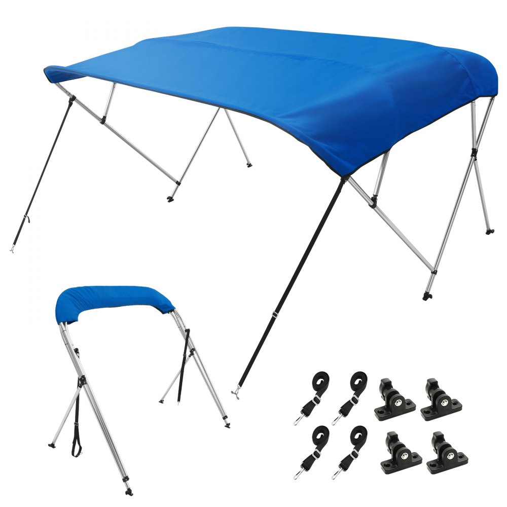 VEVOR 4 Bow Bimini Top Boat Cover, 900D Polyester Canopy with 1" Aluminum Alloy Frame, Waterproof and Sun Shade, Includes Storage Boot, 4 Straps, 2 Support Poles, 8'L x 54"H x 91"-96"W, Pacific Blue - 4GCYZYP8L919WCX6CV0