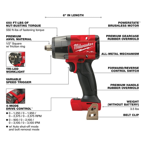 Milwaukee Tool M18 FUEL 1/2 in. Mid-Torque Impact Wrench with Friction Ring (Tool Only) - 2962-20