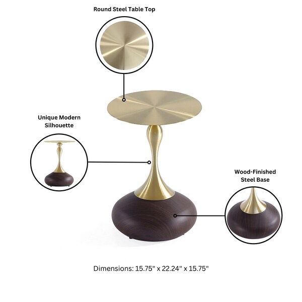 Manhattan Comfort Round End Table, 15.75 in L, Stainless Steel, Brown and Gold - ET006-BR