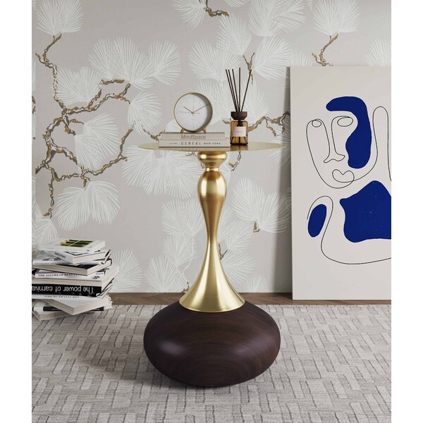 Manhattan Comfort Round End Table, 15.75 in L, Stainless Steel, Brown and Gold - ET006-BR