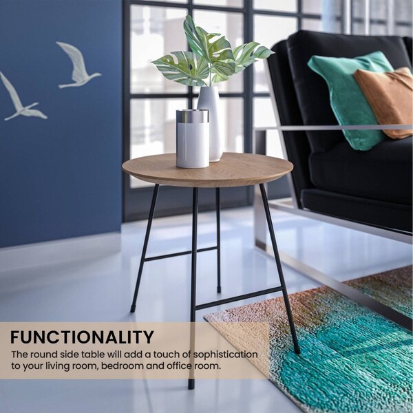 Leisuremod Round 19.7 in W, 19.3 in L, MDF/Stainless Steel, Natural Wood - RSBL-19NW