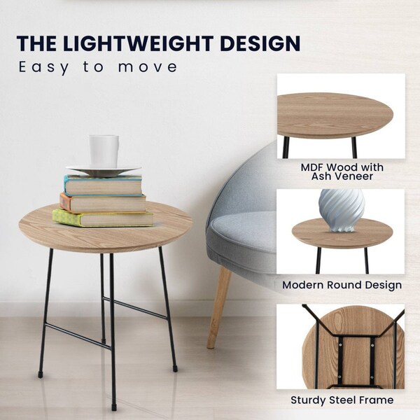 Leisuremod Round 19.7 in W, 19.3 in L, MDF/Stainless Steel, Natural Wood - RSBL-19NW